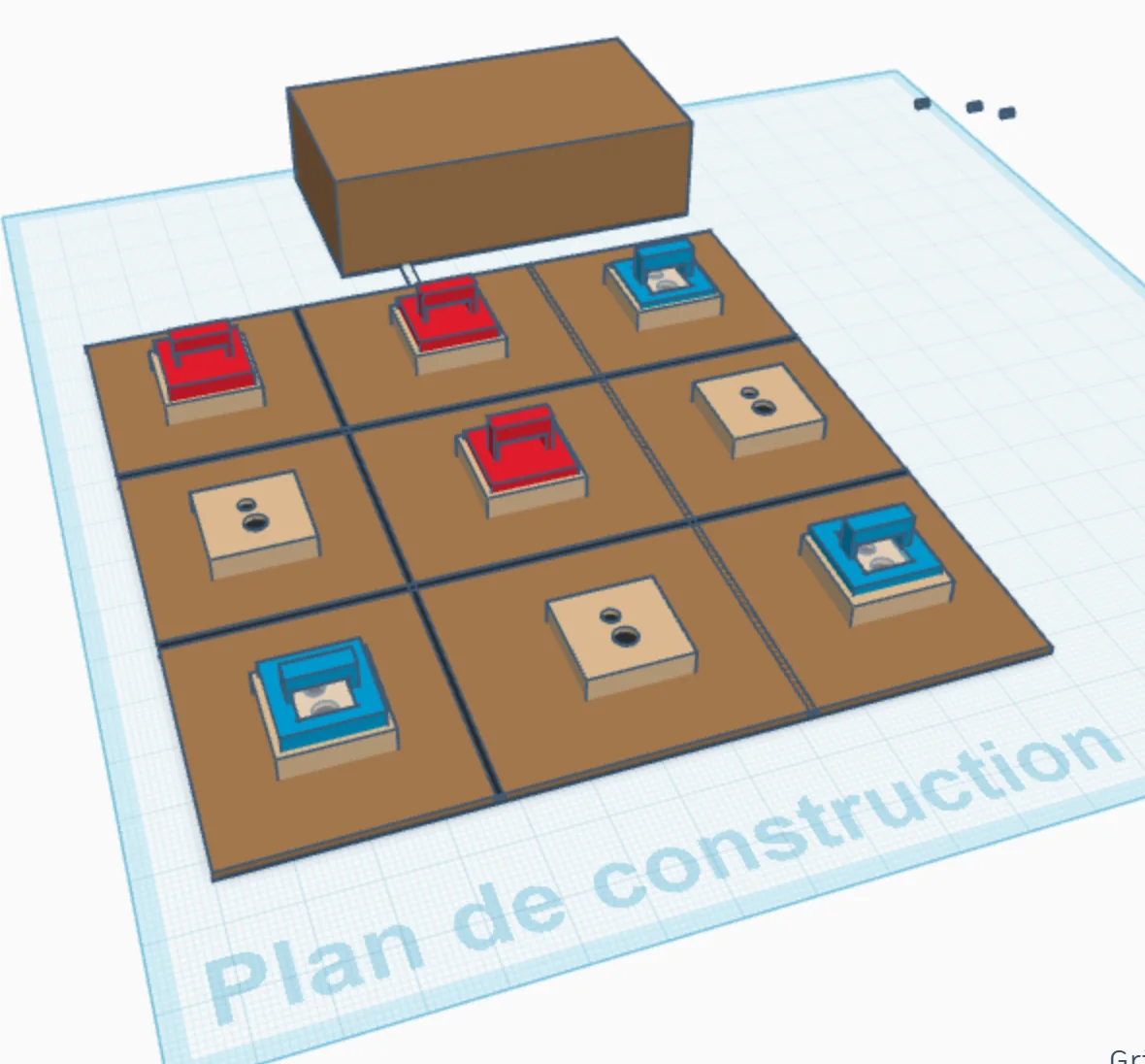 Modèle 3D du jeu&nbsp;: le plateau, les jetons et le boîtier électronique